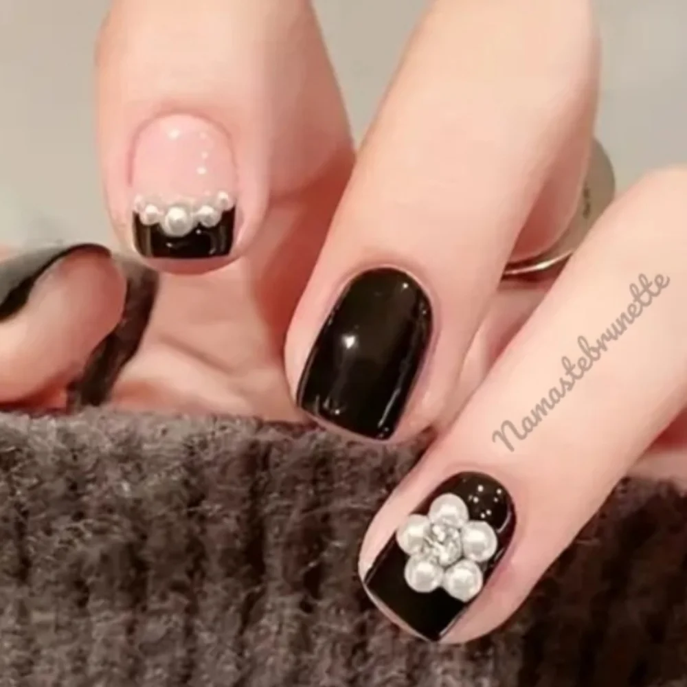 2/$16 3D Pearl Black French Tip Manicure Press On Nails